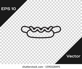 Black line Hotdog sandwich with mustard icon isolated on transparent background. Sausage icon. Street fast food menu.  Vector Illustration