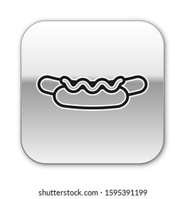 Black line Hotdog sandwich with mustard icon isolated on white background. Sausage icon. Street fast food menu. Silver square button. Vector Illustration