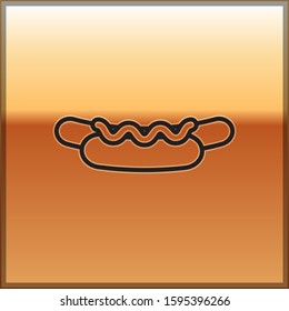 Black line Hotdog sandwich with mustard icon isolated on gold background. Sausage icon. Street fast food menu.  Vector Illustration