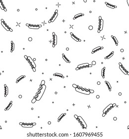 Black line Hotdog sandwich with mustard icon isolated seamless pattern on white background. Sausage icon. Street fast food menu.  Vector Illustration