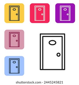 Black line Hotel corridor with closed numbered door icon isolated on white background. Set icons in color square buttons. Vector