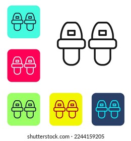 Black line Hotel slippers icon isolated on white background. Flip flops sign. Set icons in color square buttons. Vector