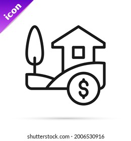 Black line House with dollar symbol icon isolated on white background. Home and money. Real estate concept.  Vector
