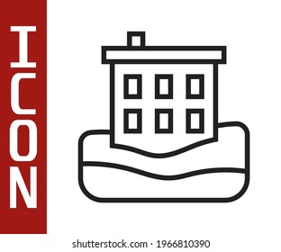 Black line House flood icon isolated on white background. Home flooding under water. Insurance concept. Security, safety, protection, protect concept.  Vector