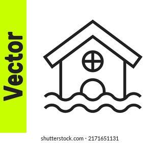 Black line House flood icon isolated on white background. Home flooding under water. Insurance concept. Security, safety, protection, protect concept.  Vector