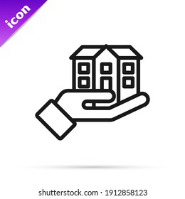 Black Line House In Hand Icon Isolated On White Background. Insurance Concept. Security, Safety, Protection, Protect Concept.  Vector