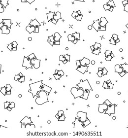 Black line House with heart shape icon isolated seamless pattern on white background. Love home symbol. Family, real estate and realty.  Vector Illustration