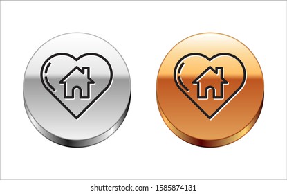 Black line House with heart shape icon isolated on white background. Love home symbol. Family, real estate and realty. Silver-gold circle button. Vector Illustration