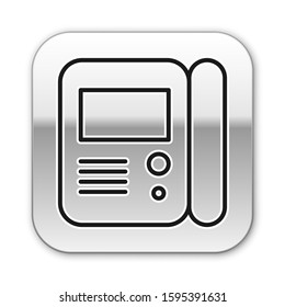 Black line House intercom system icon isolated on white background. Silver square button. Vector Illustration