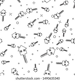 Black line House with key icon isolated seamless pattern on white background. The concept of the house turnkey.  Vector Illustration