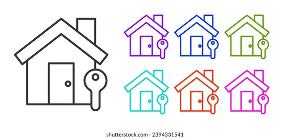Black line House with key icon isolated on white background. The concept of the house turnkey. Set icons colorful. Vector Illustration