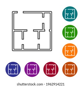 Black line House plan icon isolated on white background. Set icons in color circle buttons. Vector