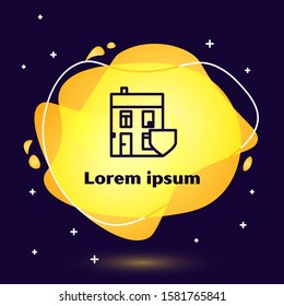 Black line House with shield icon isolated on blue background. Insurance concept. Security, safety, protection, protect concept. Abstract banner with liquid shapes. Vector Illustration