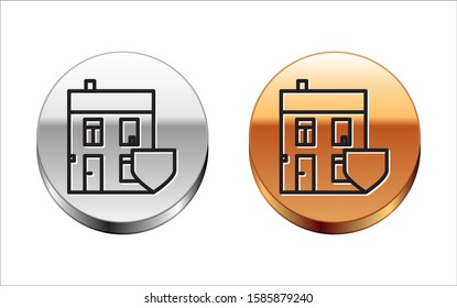 Black line House with shield icon isolated on white background. Insurance concept. Security, safety, protection, protect concept. Silver-gold circle button. Vector Illustration