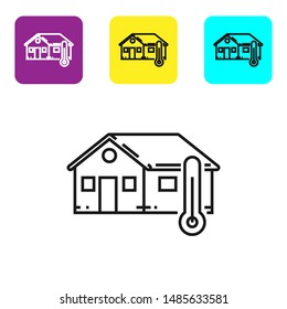 Black line House temperature icon isolated on white background. Thermometer icon. Set icons colorful square buttons. Vector Illustration