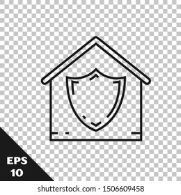 Black line House under protection icon isolated on transparent background. Protection, safety, security, protect, defense concept.  Vector Illustration