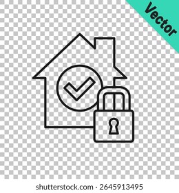 Black line House under protection icon isolated on transparent background. Home and lock. Protection, safety, security, protect, defense concept.  Vector