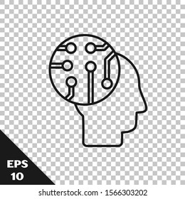 Black line Human brain as digital circuit board icon isolated on transparent background. Human head outline with circuit lines inside.  Vector Illustration
