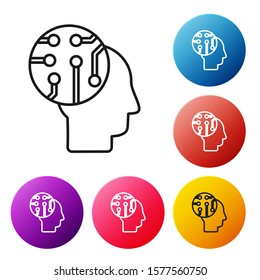 Black line Human brain as digital circuit board icon isolated on white background. Human head outline with circuit lines inside. Set icons colorful circle buttons. Vector Illustration