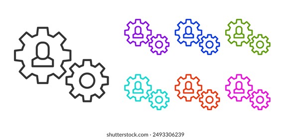 Black line Human with gear icon isolated on white background. Artificial intelligence. Thinking brain sign. Symbol work of brain. Set icons colorful. Vector