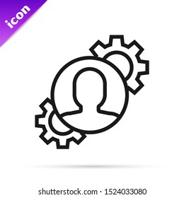 Black line Human with gear inside icon isolated on white background. Artificial intelligence. Thinking brain sign. Symbol work of brain.  Vector Illustration
