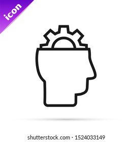 Black line Human with gear inside icon isolated on white background. Artificial intelligence. Thinking brain sign. Symbol work of brain.  Vector Illustration