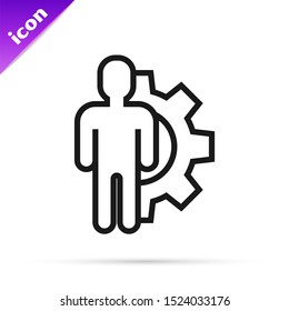 Black line Human with gear inside icon isolated on white background. Artificial intelligence. Thinking brain sign. Symbol work of brain.  Vector Illustration