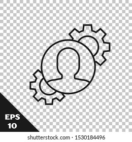 Black line Human with gear inside icon isolated on transparent background. Artificial intelligence. Thinking brain sign. Symbol work of brain.  Vector Illustration
