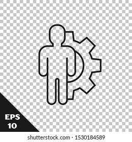 Black line Human with gear inside icon isolated on transparent background. Artificial intelligence. Thinking brain sign. Symbol work of brain.  Vector Illustration