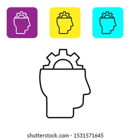 Black line Human with gear inside icon isolated on white background. Artificial intelligence. Thinking brain sign. Symbol work of brain. Set icons colorful square buttons. Vector Illustration