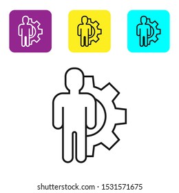 Black line Human with gear inside icon isolated on white background. Artificial intelligence. Thinking brain sign. Symbol work of brain. Set icons colorful square buttons. Vector Illustration