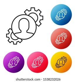 Black line Human with gear inside icon isolated on white background. Artificial intelligence. Thinking brain sign. Symbol work of brain. Set icons colorful circle buttons. Vector Illustration