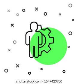 Black line Human with gear inside icon isolated on white background. Artificial intelligence. Thinking brain sign. Symbol work of brain.  Vector Illustration