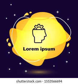 Black line Human with gear inside icon isolated on dark blue background. Artificial intelligence. Thinking brain sign. Symbol work of brain. Abstract banner with liquid shapes. Vector Illustration