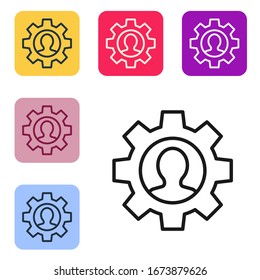 Black line Human with gear inside icon isolated on white background. Artificial intelligence. Thinking brain sign. Symbol work of brain. Set icons in color square buttons. Vector Illustration