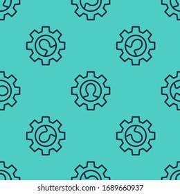 Black line Human with gear inside icon isolated seamless pattern on green background. Artificial intelligence. Thinking brain sign. Symbol work of brain.  Vector Illustration