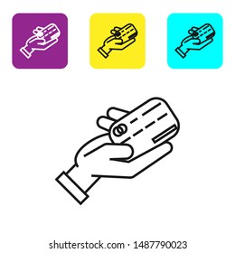 Black line Human hand holding with credit card icon isolated on white background. Online payment. Pay by card. Financial operations. Set icons colorful square buttons. Vector Illustration