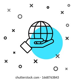 Línea negra Mano humana sujetando un icono de la Tierra aislado en fondo blanco. Salvemos el concepto de tierra. Formas dinámicas aleatorias. Ilustración vectorial