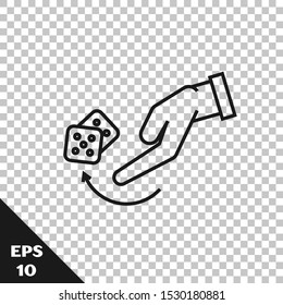Black line Human hand throwing game dice icon isolated on transparent background.  Vector Illustration