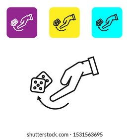 Black line Human hand throwing game dice icon isolated on white background. Set icons colorful square buttons. Vector Illustration