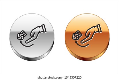 Black line Human hand throwing game dice icon isolated on white background. Silver-gold circle button. Vector Illustration