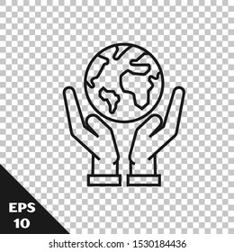 Black line Human hands holding Earth globe icon isolated on transparent background. Save earth concept.  Vector Illustration