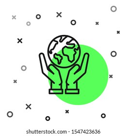 Black line Human hands holding Earth globe icon isolated on white background. Save earth concept.  Vector Illustration