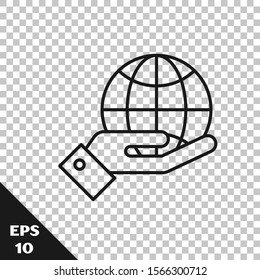 Black line Human hands holding Earth globe icon isolated on transparent background. Save earth concept.  Vector Illustration