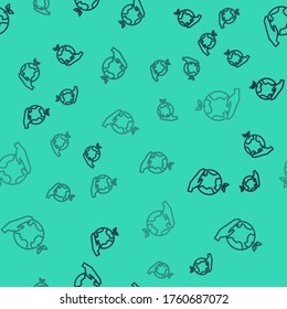 Black line Human hands holding Earth globe icon isolated seamless pattern on green background. Save earth concept. Vector Illustration