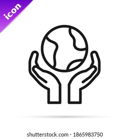 Black line Human hands holding Earth globe icon isolated on white background. Save earth concept.  Vector