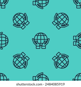 Black line Human hands holding Earth globe icon isolated seamless pattern on green background. Save earth concept.  Vector Illustration