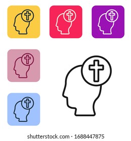 Black line Human head with christian cross icon isolated on white background. Set icons in color square buttons. Vector Illustration