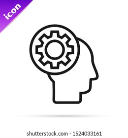 Black line Human head with gear inside icon isolated on white background. Artificial intelligence. Thinking brain sign. Symbol work of brain.  Vector Illustration