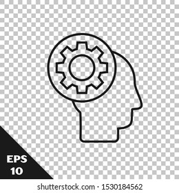 Black line Human head with gear inside icon isolated on transparent background. Artificial intelligence. Thinking brain sign. Symbol work of brain.  Vector Illustration